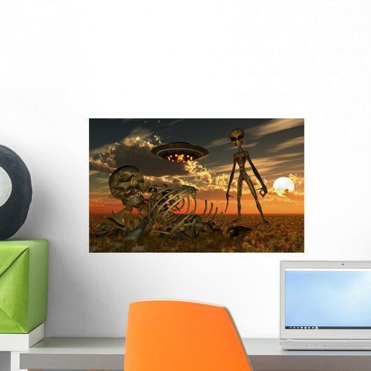 Grey Alien Looking Humanoid over Bones Wall Decal