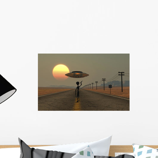 Grey Alien Hitching Ride Back Evening Wall Decal