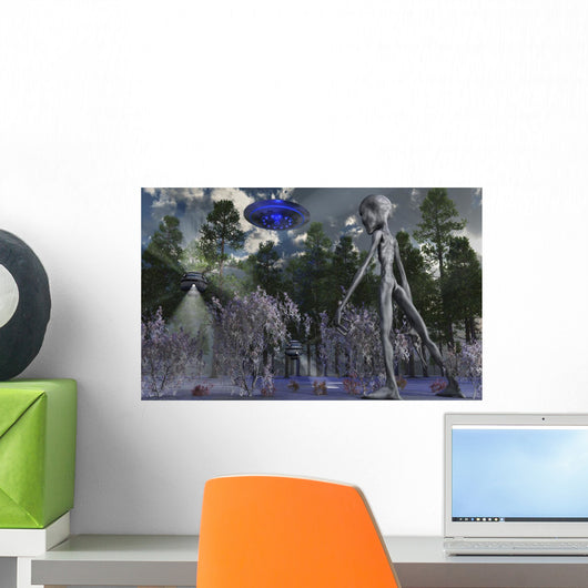 UFO and Grey Alien Researcher Exploring Wall Decal