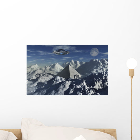 Flying Saucer Hovering over Pyramid Mountains Wall Decal