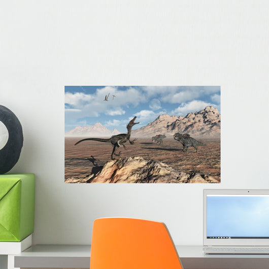 Predatory Velociraptor Stalking Pair Distant Wall Decal