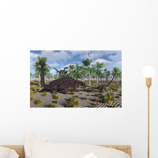 Velociraptors Attacking Armored Pinacosaurus Landscape Wall Decal