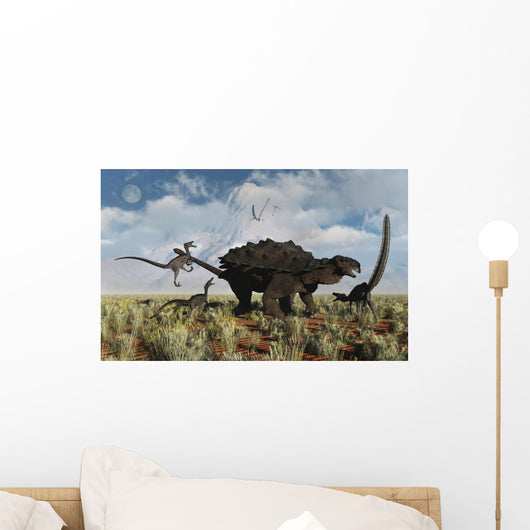 Velociraptors Attacking Armored Pinacosaurus Wall Decal