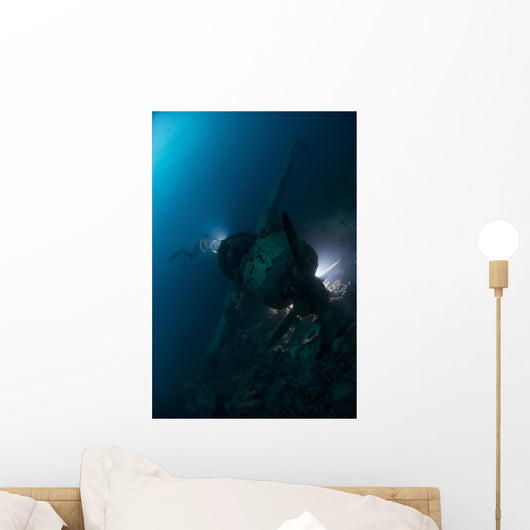 Diver Exploring Wreck Japanese Vertical Wall Decal