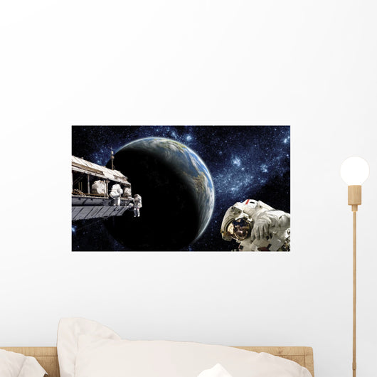 Astronauts Performing Work Space Distant Earth Wall Decal