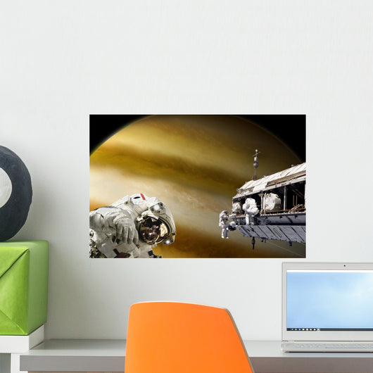 Astronauts Performing Work Space Saturn Wall Decal