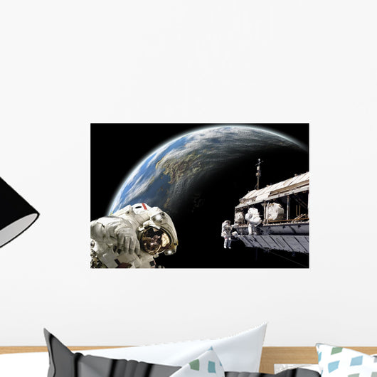Astronauts Performing Work Space Shadow Earth Wall Decal