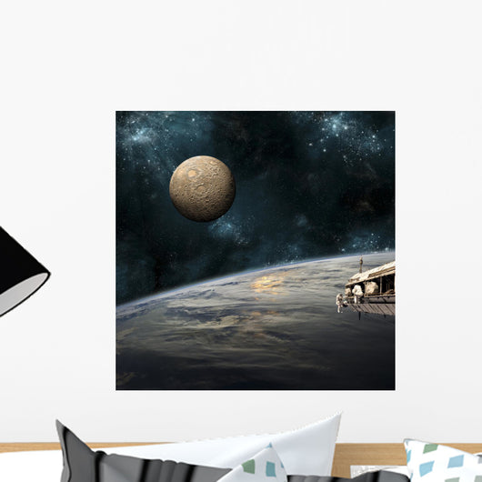 Astronauts Working Space Station Moon Wall Decal