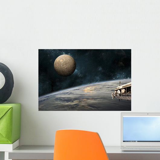Astronauts Working Space Station Horizontal Moon Wall Decal