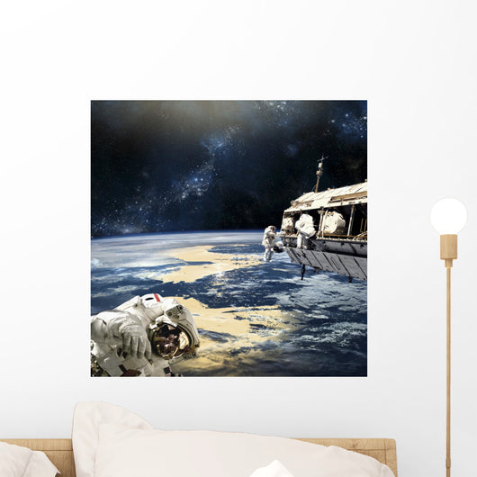 Astronauts Working Space Station Planet Wall Decal