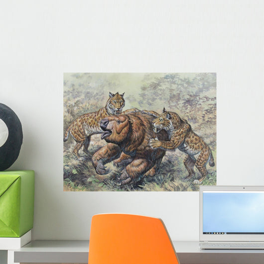 Smilodon Dirk-toothed Cats Attacking Wall Decal