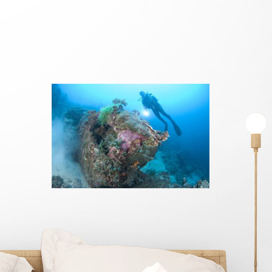 Diver Explores Wreck Us Wall Decal Design 1