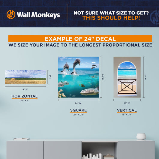 Size guide for wallmonkeys sports wall decals showing what a decal would look like on a family room wall
