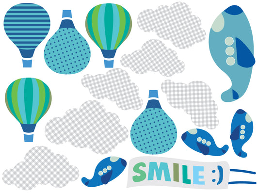 Blue Clouds Balloons Airplane Wall Decal Sticker Set Wall Decal