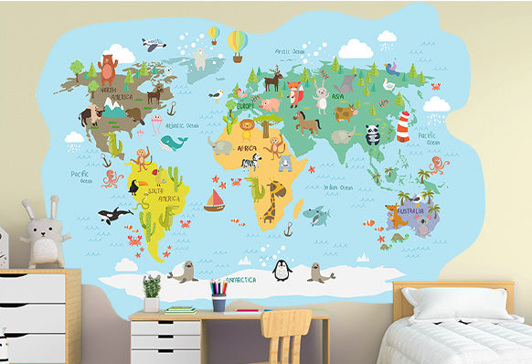 A Decal Mural of a World Map for Kids in a Child's Bedroom
