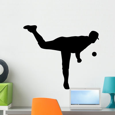 Pitcher Throws Baseball Wall Decal shown on a wall