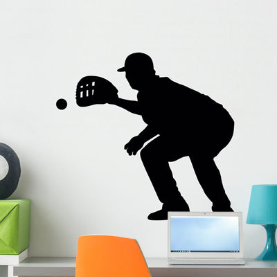Catcher Catching Baseball Wall Decal shown on a wall