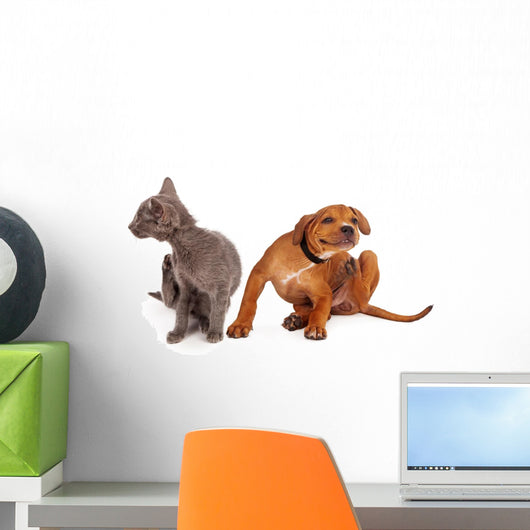Kitten and Puppy Scratching Wall Decal