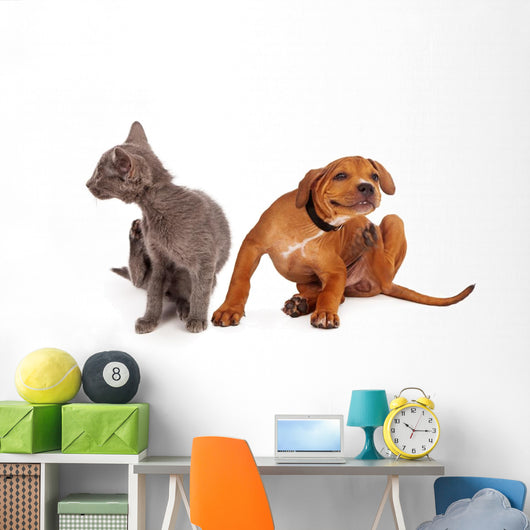Kitten and Puppy Scratching Wall Decal