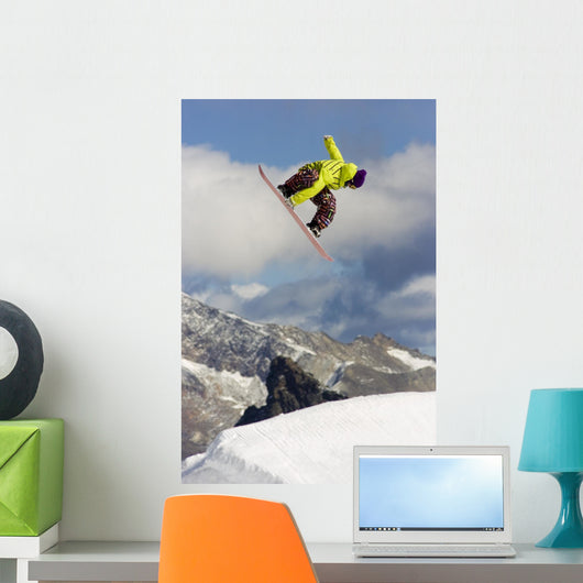 Yellow Rider Jumping Snowboard Wall Decal