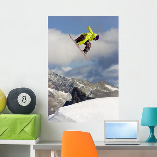 Yellow Rider Jumping Snowboard Wall Decal