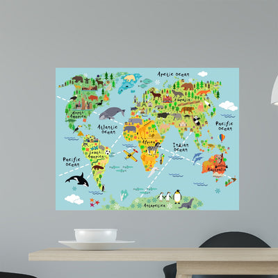Cartoon World Map Wall Decal shown on a wall