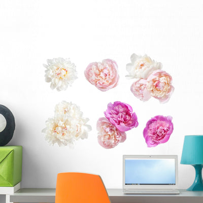 Six Floral Peonies Flower Wall Decal Sticker Set shown on a wall