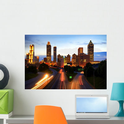 Atlanta Skyline Night Georgia Wall Decal shown on a wall