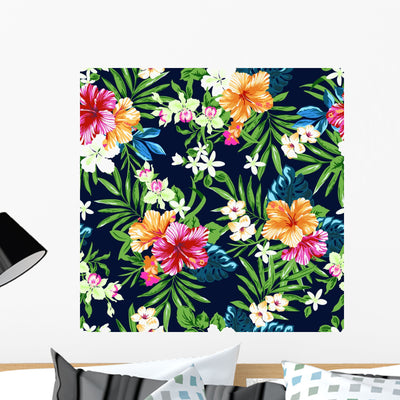 Tropical Summer Hibiscus Wall Decal shown on a wall