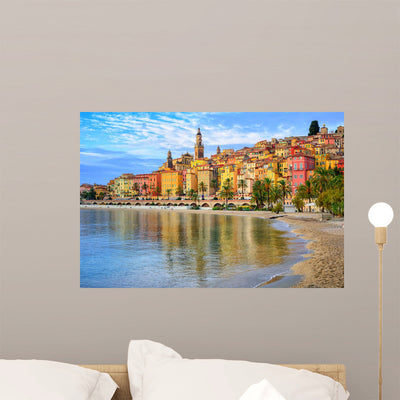 Colorful Medieval Town Menton Wall Decal shown on a wall