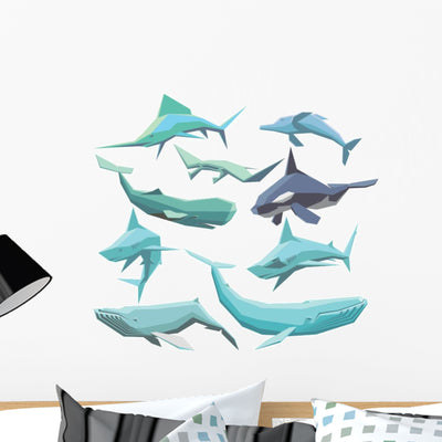 Polygonal Sea Animals Collection Wall Decal Sticker Set shown on a wall
