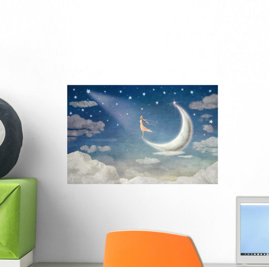 Girl Moon Admires Night Wall Decal