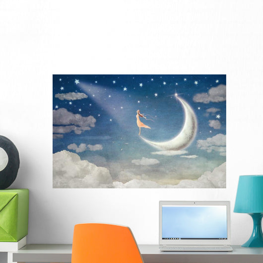 Girl Moon Admires Night Wall Decal
