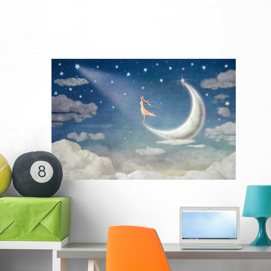 Girl Moon Admires Night Wall Decal