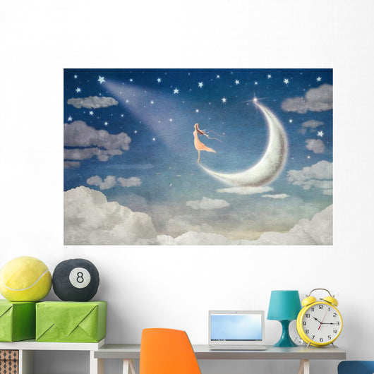Girl Moon Admires Night Wall Decal