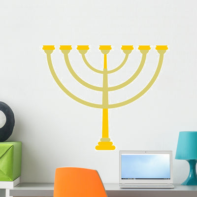 Gold Hanukkah Menorah Wall Decal shown on a wall
