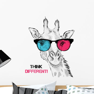 Portrait Giraffe Colored Glasses Wall Decal shown on a wall