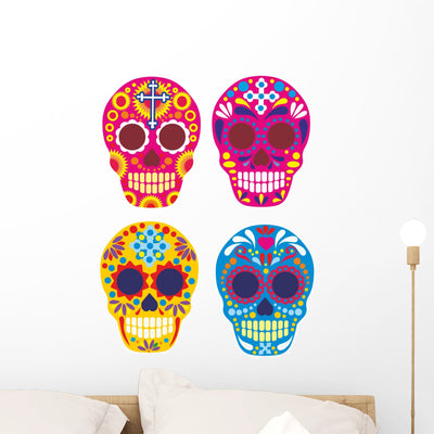 Bright Mexican Sugar Skull Wall Decal Sticker Set Wall Decal shown on a wall