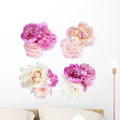 Four Bunches Peonies Flower Wall Decal Sticker Set shown on a wall