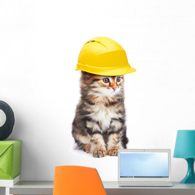 Construction Worker Kitty Cat Wall Decal shown on a wall