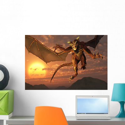 Flying Red Western Dragon Wall Decal shown on a wall