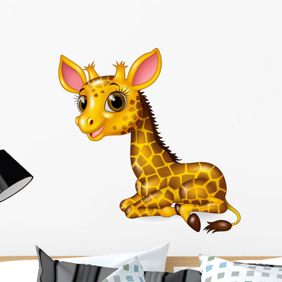 Cartoon Funny Baby Giraffe Wall Decal shown on a wall
