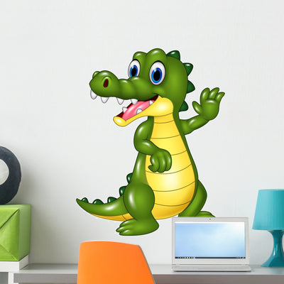 Cartoon Funny Crocodile Waving Wall Decal shown on a wall