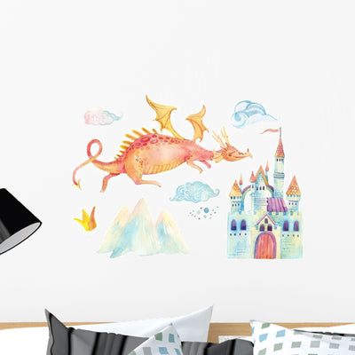 Watercolor Fairy-tale Dragon Castle Wall Decal Sticker Set shown on a wall