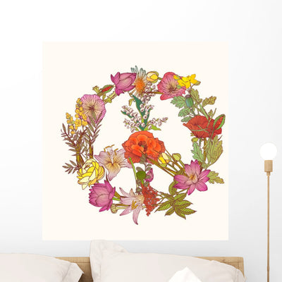 Symbolic Floral Peace Sign Wall Decal shown on a wall