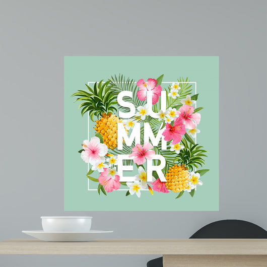 Tropical Flowers and Leaves Background. Summer Design. Vector. T-shirt Design Wall Mural