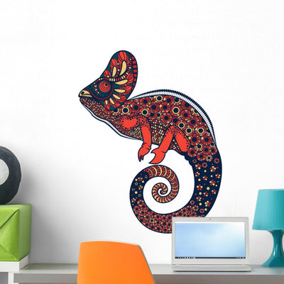 Colorful Red Ornate Chameleon Wall Decal shown on a wall