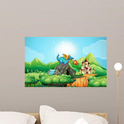 Dragon Blowing Fire over Wall Decal shown on a wall