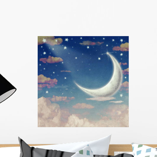 Illustration Night Sky with Moon and Stars Wall Decal