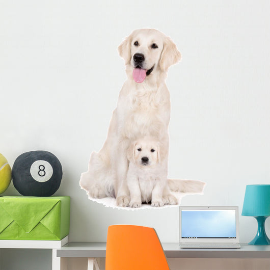 golden retriever dog with a puppy sitting on white Wall Decal